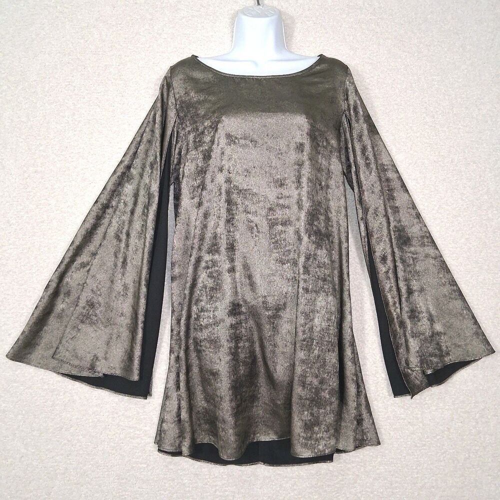 Crushed Metallic Tunic Shift Dress Sz M Slit Bell Sleeve Retro Dramatic 70s Glam